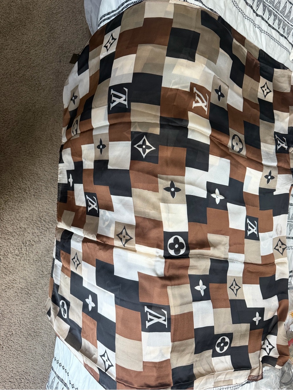 Brown & Black Geometric Monogram Silk Scarf